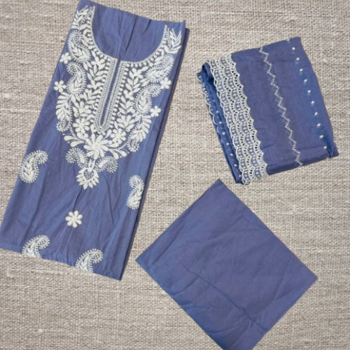 Punjabi Cotton Suits -Chicken Kaari work with Designer Dupatta-Misty blue